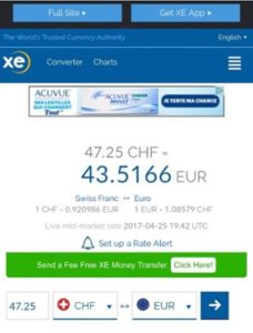 Conversion XE francs suisses euro